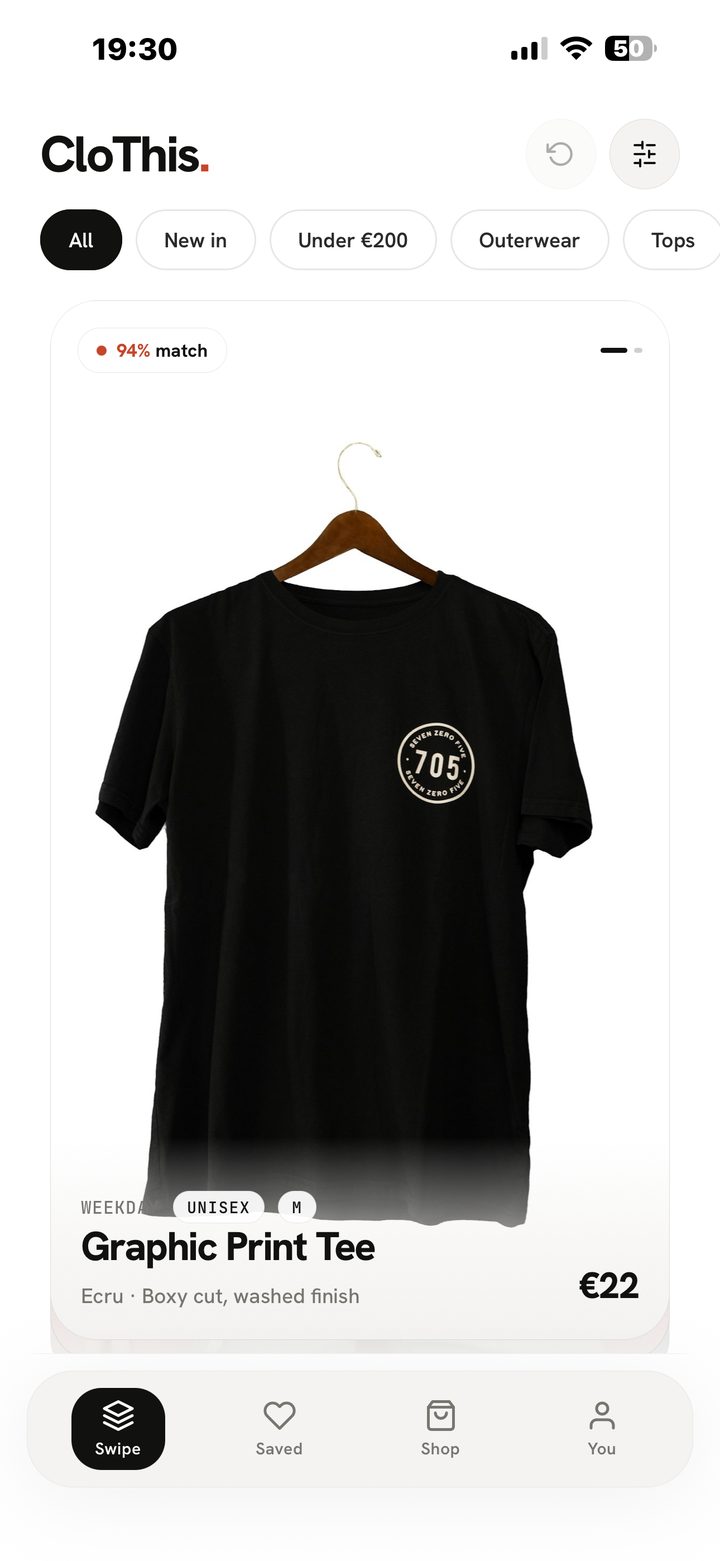 Swipe card: a black graphic print tee with a 94% match badge and the price