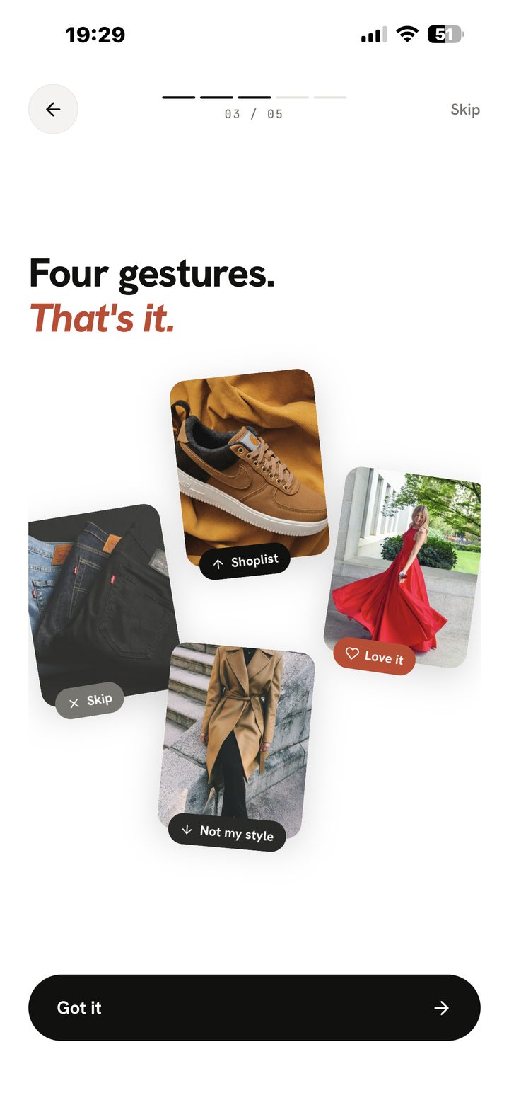In-app gesture guide: swipe up for shoplist, right to love, left to skip, down for not my style